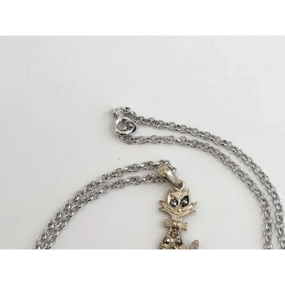 Art Deco Kitty Cat | Kitten Marcasite Sterling Silver Vintage Pendant Necklace